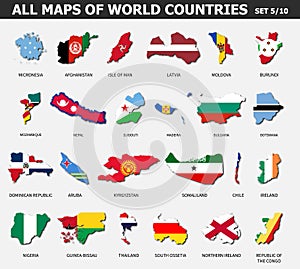 All maps of world countries and flags . Set 5 of 10 . Collection of outline shape of international country map with shadow . Flat