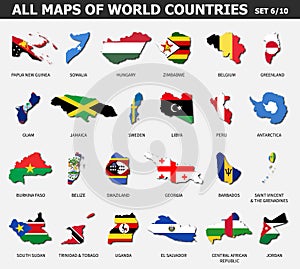 All maps of world countries and flags . Set 6 of 10 . Collection of outline shape of international country map with shadow . Flat