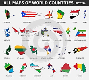 All maps of world countries and flags . Set 7 of 10 . Collection of outline shape of international country map with shadow . Flat
