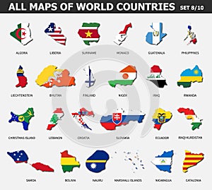 All maps of world countries and flags . Set 8 of 10 . Collection of outline shape of international country map with shadow . Flat