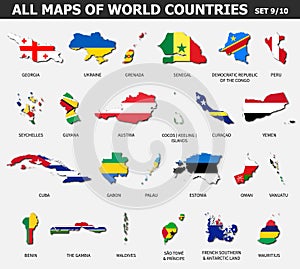 All maps of world countries and flags . Set 9 of 10 . Collection of outline shape of international country map with shadow . Flat