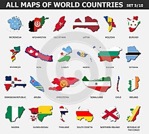 All maps of world countries and flags . Set 5 of 10 . Collection of outline shape of international country map with shadow . Flat photo