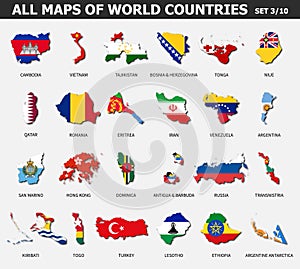 All maps of world countries and flags . Set 3 of 10 . Collection of outline shape of international country map with shadow . Flat photo