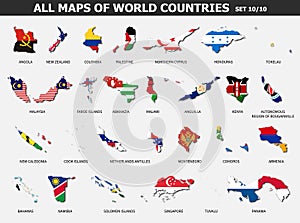Všetko mapy z krajiny a vlajky . sada 10 z 10 kompletný . z načrtnúť tvar z medzinárodný krajiny 