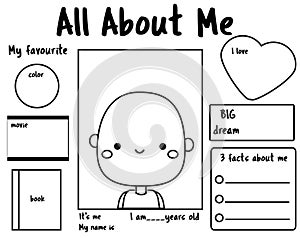 All about me printable back to school. Writing prompt for kids blank. Educational children page. photo