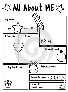 All about me printable sheet. Writing prompt for kids blank. Educational children page.