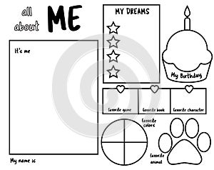 All about me. Writing prompt for kids blank. Educational children page