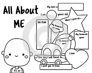 All about me. Writing prompt for kids. Educational children page. Back to school activity