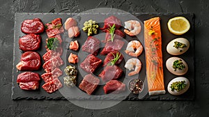 Fishm Meat, and Eggs Platter Overhead. Generative AI