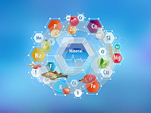 All minerals for human health and food. Abstract scheme