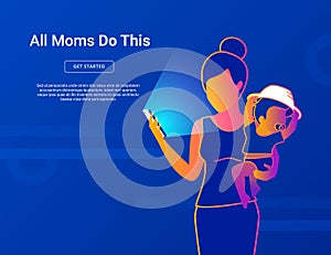 All moms do this. Young mom with baby using smartphone for social networking