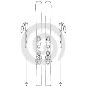All Mountain Ski / Carving Ski / Freeride Ski modern equipment. Ski ,Ski binding and Ski pole for winter sports sketch drawing, co