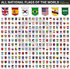 All national flags of the world . 3D realistic pennant hanging design . White isolated background . Vector