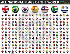 All national flags of the world . 3D spherical ball design . Vector