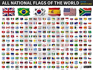 All national flags of the world . Artistic watercolor painting flat design . Vector