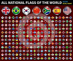 All national flags of the world . Circle metal frame with sparkle design . Red gradient background . Vector