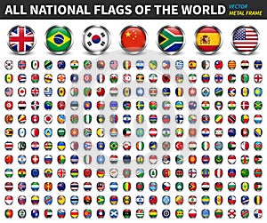 All national flags of the world . Circle metal frame with sparkle design . White isolated background . Element Vector
