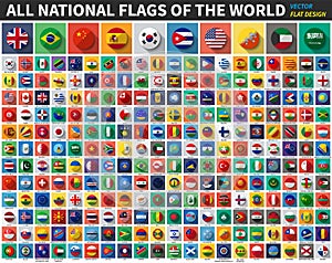 All national flags of the world . Flat color and long shadow design . Vector