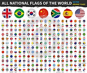 All national flags of the world . Grunge circle shape watercolor painting flag design . White  background . Element vector