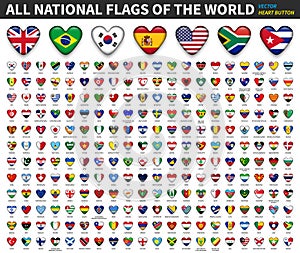 All national flags of the world . Heart button design . Vector