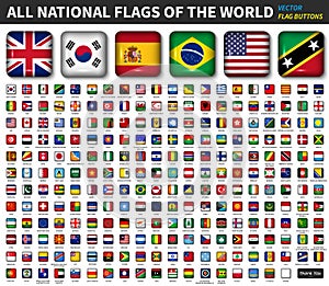 All national flags of the world . Shiny convex round angle square button design . Elements vector