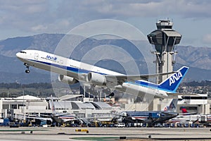 All Nippon Airways ANA Boeing 777 aircraft taking off from Los Angeles International Airport.