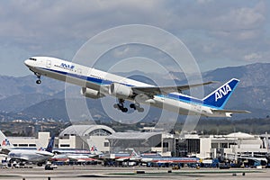 All Nippon Airways ANA Boeing 777 aircraft taking off from Los Angeles International Airport.