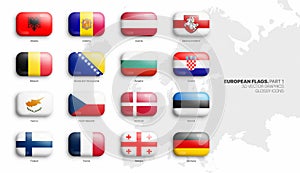 All Official Flags of European Countries 3D Vector Rounded Glossy Icons Set