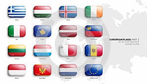 All Official Flags of European Countries 3D Vector Rounded Glossy Icons Set