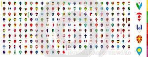 All official national flags of the world sorted alphabetically by continent. Vertical pin icon