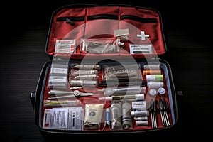 All-in-one, First aid kit containing thermometer, scissors, patch, dressing, foil, and drugs