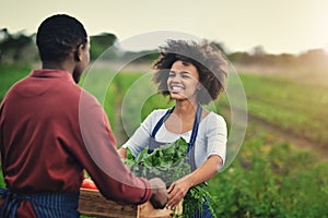 All our hard work paid off. a young farm couple carrying a crate of fresh produce.