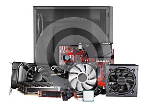 All parts and components for modern desktop computer. Mainboard power supply RAM M2 SSD hard disk CPU fan cooler graphics card