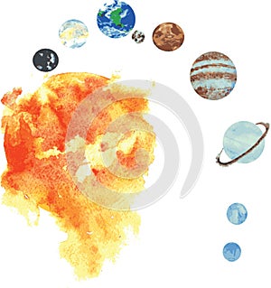 All the planets of the solar system , hand -drawn watercolor - S photo