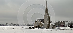 All Saints' Church Blackheath with white snows in winter, London, UK