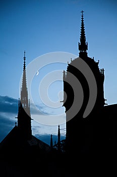 All Saints` church in Lutherstadt Wittenberg, Germany at night with crescent moon