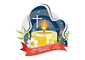 All Saints Day Vector Illustration on 1st November with for the All Souls Remembrance Celebration with Candles in Flat Cartoon