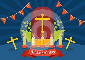 All Saints Day Vector Illustration on 1st November with for the All Souls Remembrance Celebration with Candles in Flat Cartoon