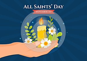 All Saints Day Vector Illustration on 1st November with for the All Souls Remembrance Celebration with Candles in Flat Cartoon