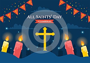 All Saints Day Vector Illustration on 1st November with for the All Souls Remembrance Celebration with Candles in Flat Cartoon