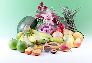 All seasoning fruits isolated on green background