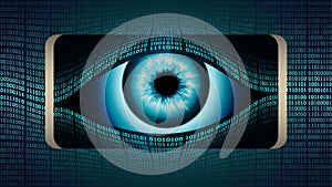 The all-seeing eye of Big brother in your smartphone, concept of permanent global covert surveillance using mobile devices photo