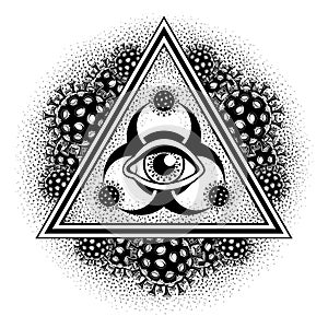 The all-seeing eye and biohazard symbol in a triangle.