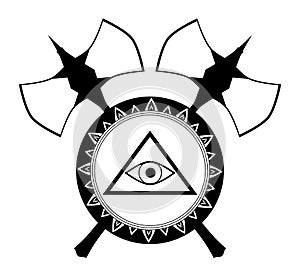 All-seeing eye with double axes, black and white, patterned, isolated.