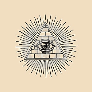 All-seeing eye. Freemasonry pyramid vector illustration. Engraving masonic logo, emblem.