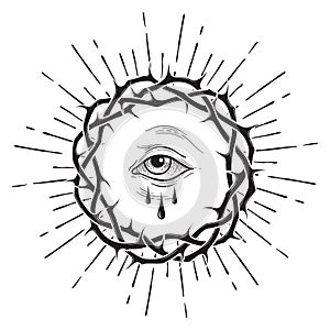 All seeing eye of God in sacred crown of thorns with rays of light sunburst hand drawn isolated vector illustration. Blackwork,