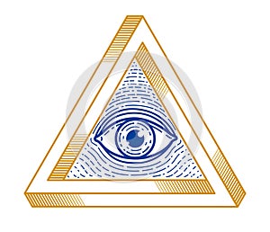 All seeing eye of god in sacred geometry triangle, masonry and illuminati symbol.