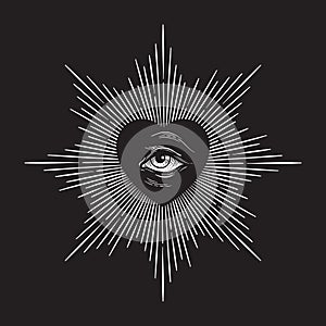 All seeing eye of God in sacred heart with rays of light sunburst hand drawn isolated vector illustration. Black work, flash