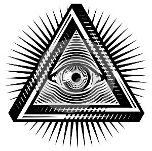 All-seeing eye of God. Sacred symbol in a stylized triangle against the background of diverging rays. Vector monochrome