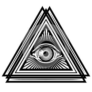 All-seeing eye of God in triangle. Sacred symbol in a stylized triangles. Vector monochrome illustration